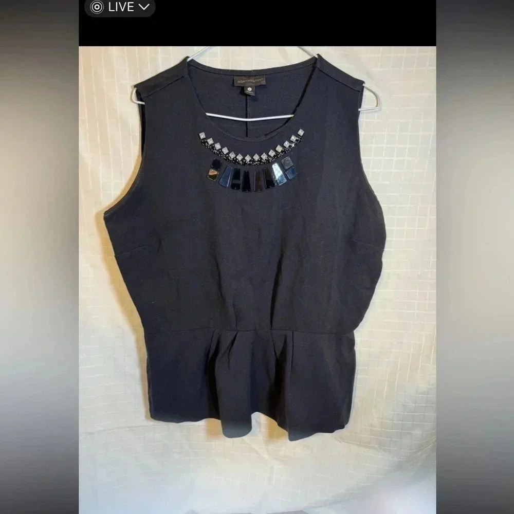 Worthington Jeweled Tailored Black Blouse Top Sleeveless Classic Size XL